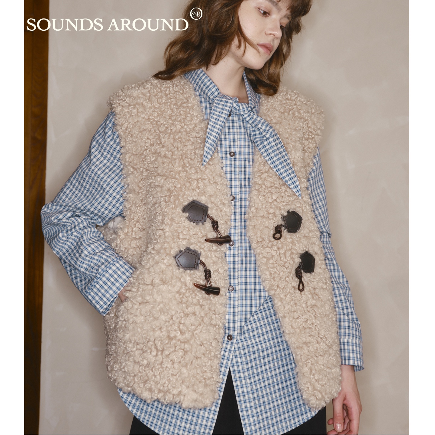 SOUNDS AROUND 圈圈肌理感毛马甲/设计感兔耳朵飘带格纹衬衫
