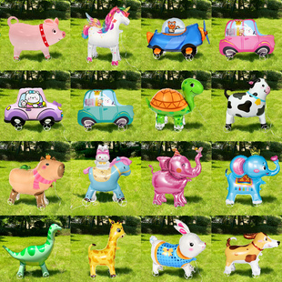 网红儿童卡通动物恐龙带轮子站立走路气球狗铝膜玩具生日户外摆摊