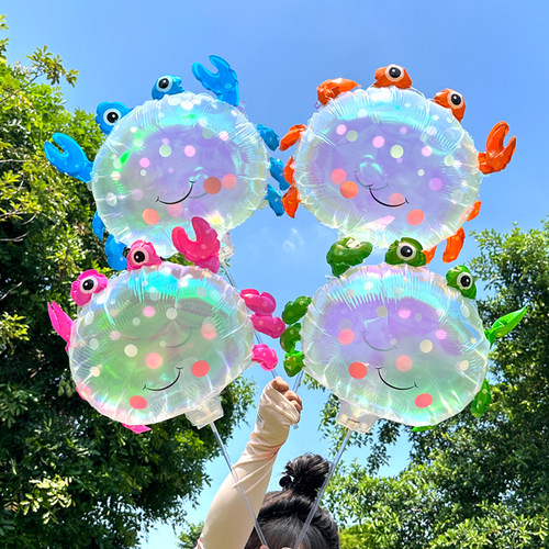 新款儿童卡通螃蟹炫彩夹片气球