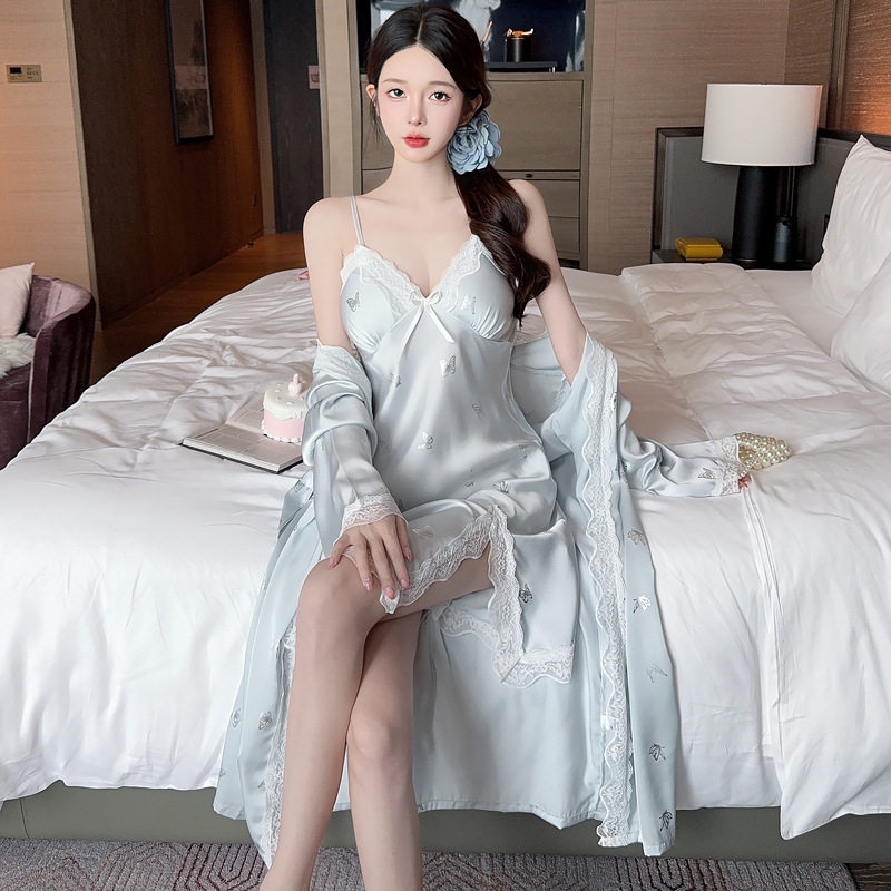 夏季薄款冰丝吊带睡裙两件套丝绸