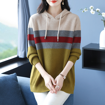 中长款连帽卫衣女遮屁股秋冬2024新款爆款时尚洋气减龄条纹打底衫