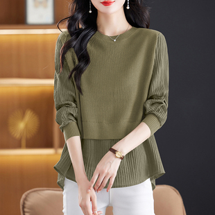 春装 针织衫 2025年新款 女装 春季 妈妈打底衫 拼接假两件上衣女士长袖