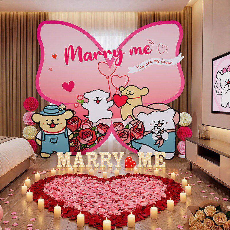 线条小狗求婚表白浪漫装扮布置套餐爱心背景墙蜡烛玫瑰花瓣装饰
