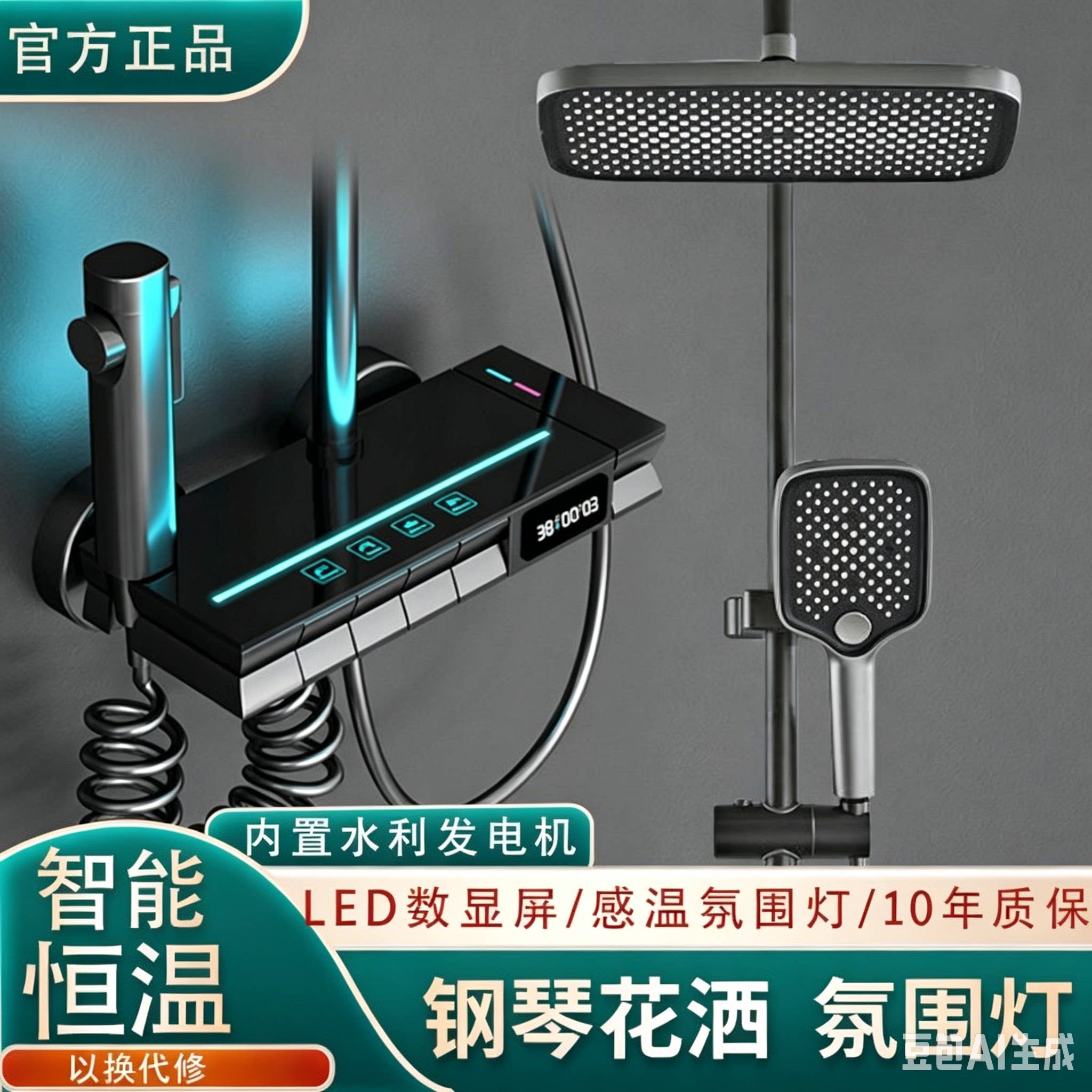 正品增压淋浴花洒套装家用全铜恒温带氛围灯方形卫生间升降淋浴器