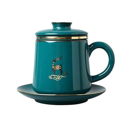 泥印陶瓷茶杯带盖过滤杯子个人专用泡茶杯办公杯茶水分离定制水杯