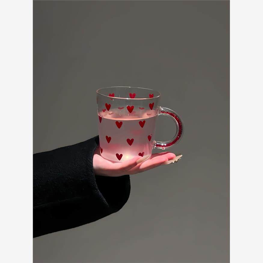 特别好看的红色爱心高硼硅玻璃杯女士高颜值家用耐热钻石杯带把手