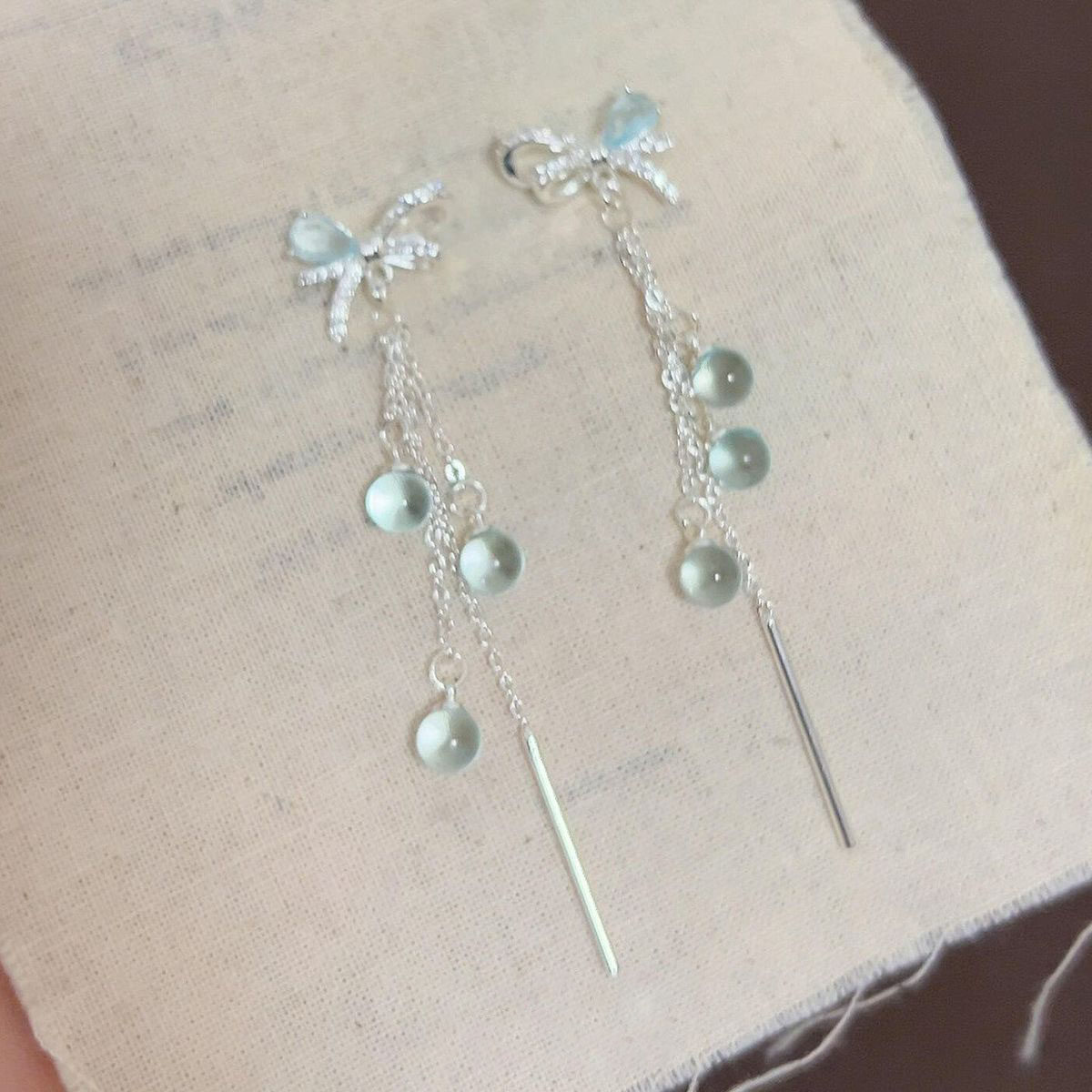 「蓝蝶流萤」清冷感蓝色蝴蝶结流苏耳钉韩系精致小众耳环新款饰品