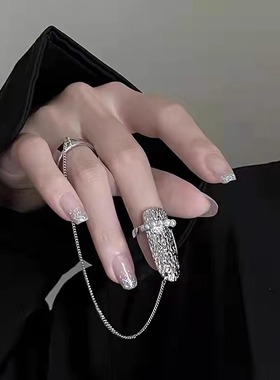 熔岩设计不规则开口个性链条套戒护甲珍珠指甲戒指冷淡风指尖戒环