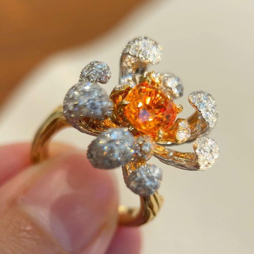「菊耀金芯」复古双色立体菊花高颜值戒指蓬松花瓣满钻指环饰品