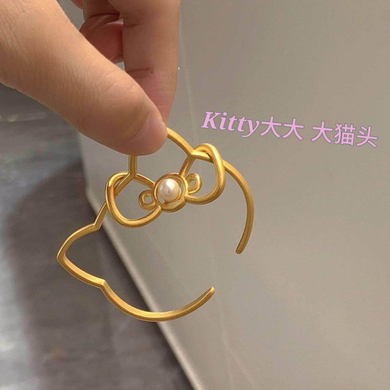 可爱小猫咪立体蝴蝶结仿珍珠开口镯子小众设计新款手镯手链饰品