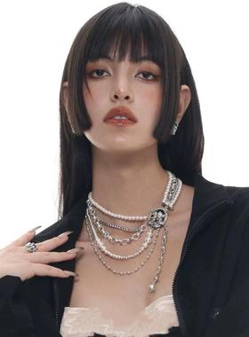 美式多层珍珠项链多层叠带小众颈链女生
