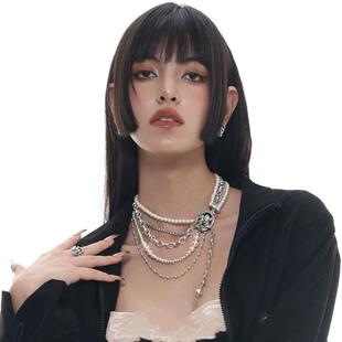 美式多层珍珠项链多层叠带小众颈链女生