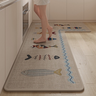 高级仿亚麻地垫厨房专用防滑脚垫卡通L型吸水吸油地毯可清洗定制