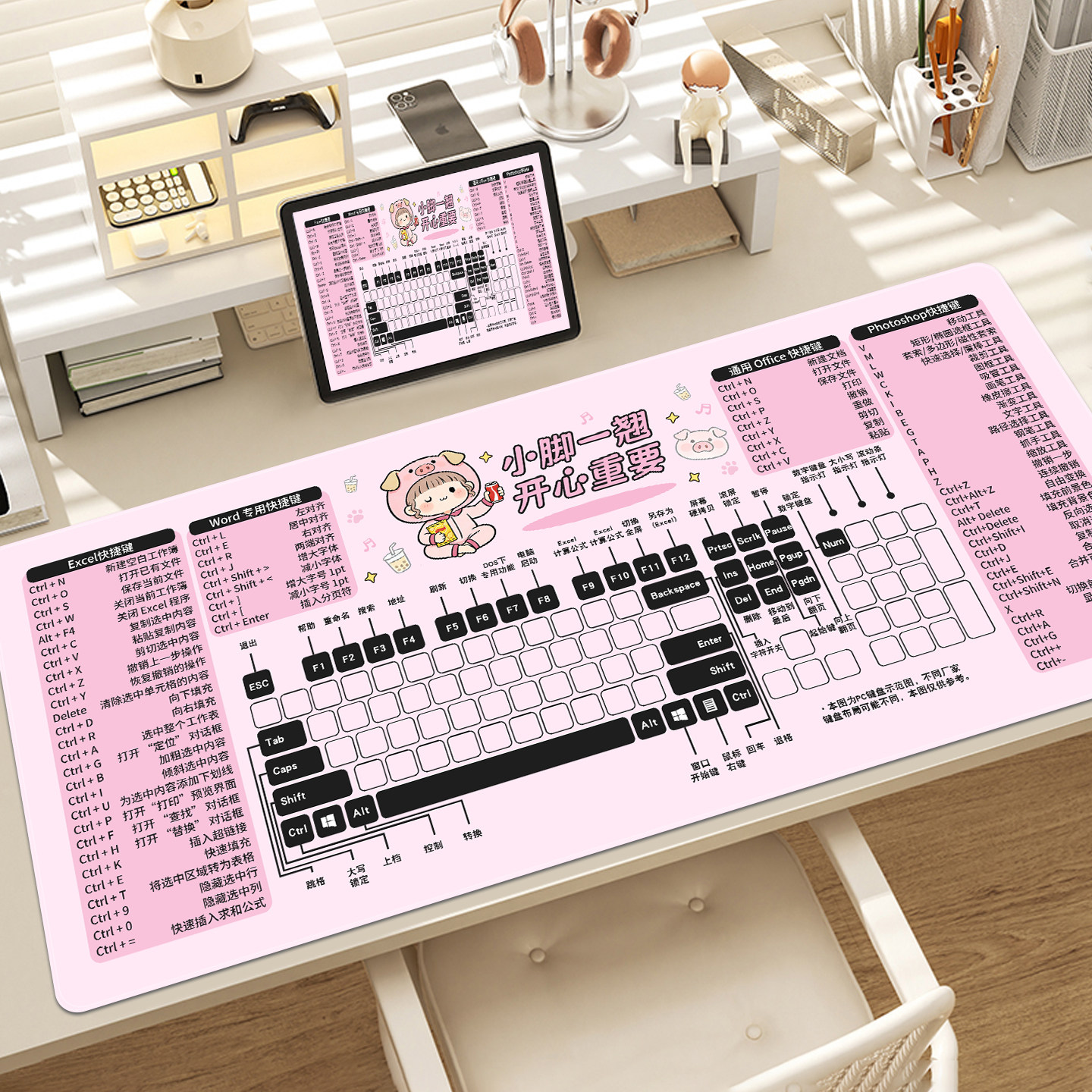 卡通可爱文字鼠标垫超大高颜值快捷键男女生办公电脑键盘桌垫定制