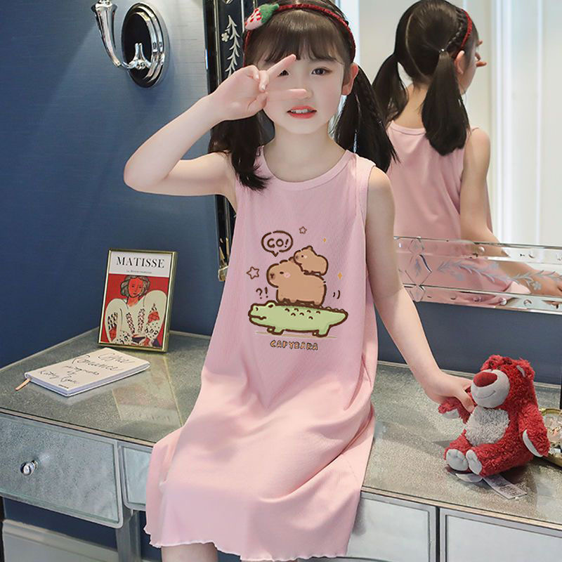 卡皮巴拉女童薄款睡裙儿童女孩冰丝水豚背心裙大童亲子空调服睡衣