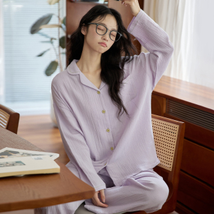 翻领亲肤家居服可外穿 2025新款 微醺小姐睡衣女套装 纯棉紫色春秋季