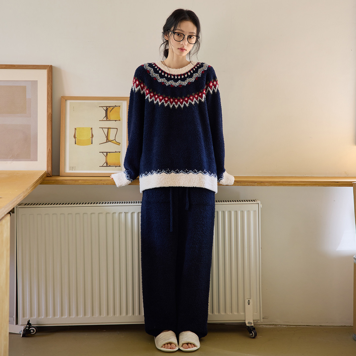 微醺小姐睡衣女套装加绒半边绒保暖冬季可外穿高级感家居服圆领