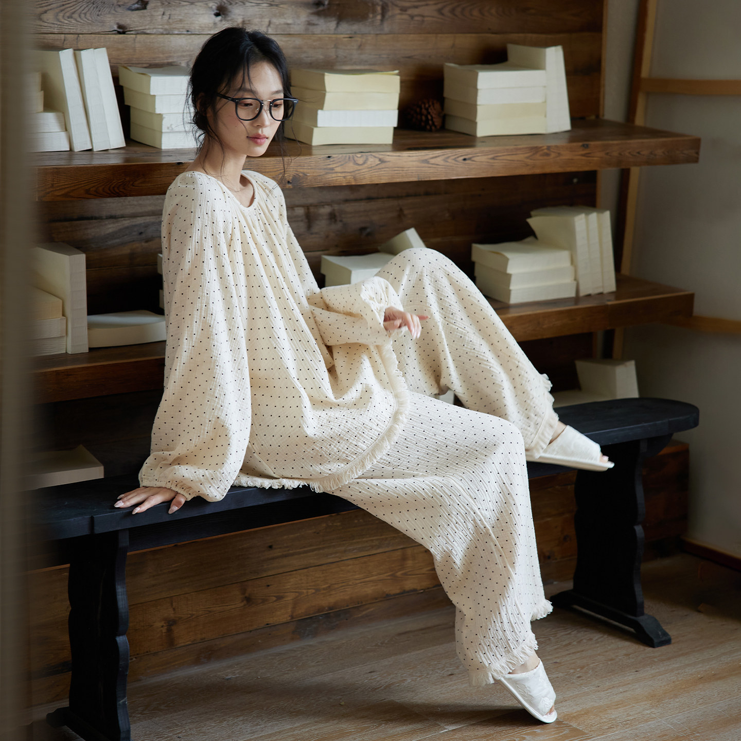 微醺小姐睡衣女套装波点杏色纯棉春秋季可外穿宽松高级感家居服