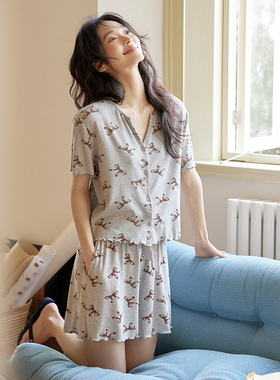 睡衣女套装夏装2025年新款夏季V领短袖短裤灰色薄款家居服可外穿