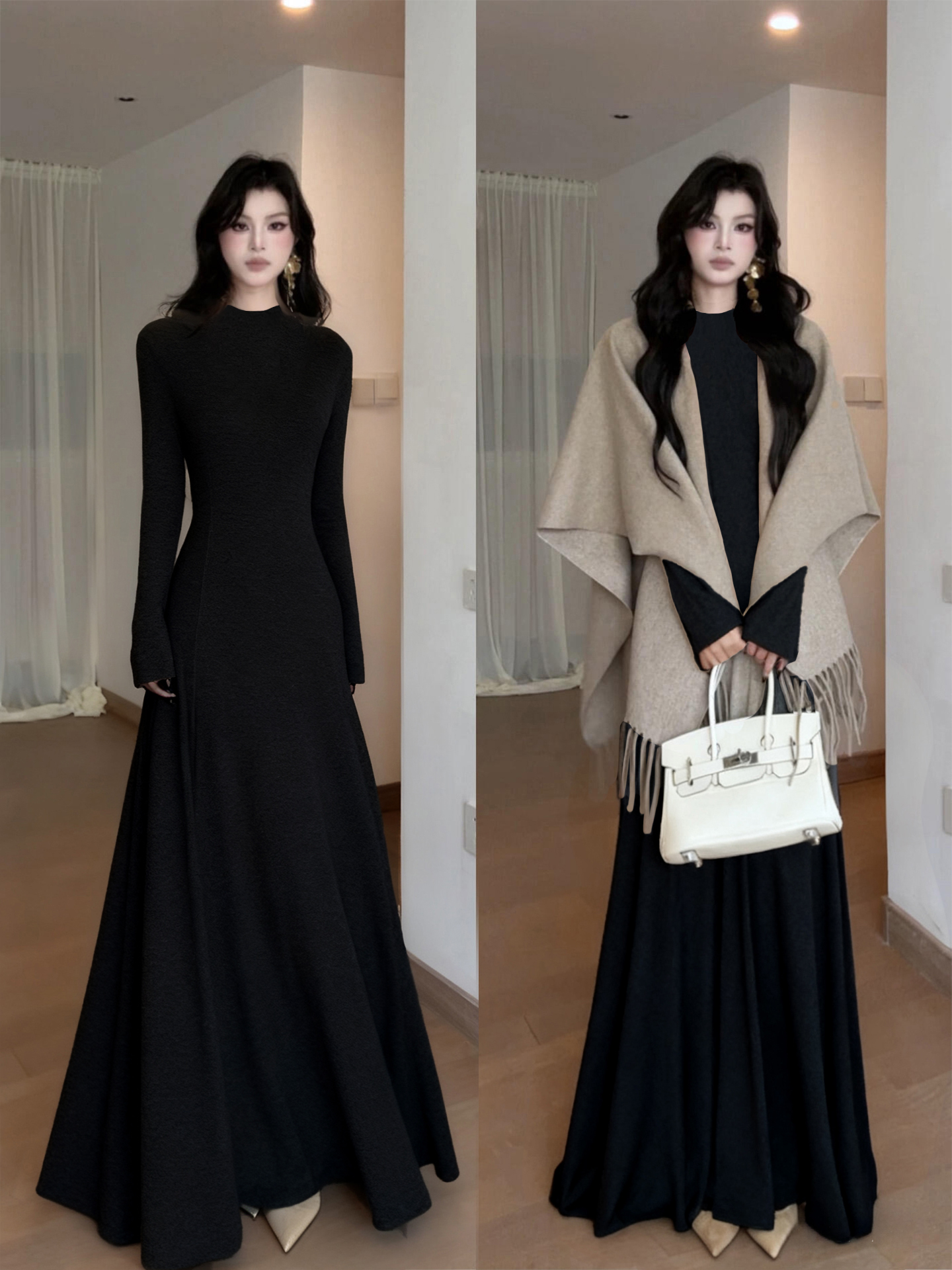 黑色针织连衣裙女早秋冬季大衣内搭长裙子修身包臀长袖小黑裙长款
