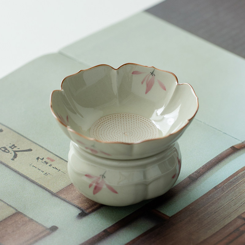 观策器隐草木灰手绘粉兰花过滤器茶漏套装高档家用陶瓷一体滤茶器