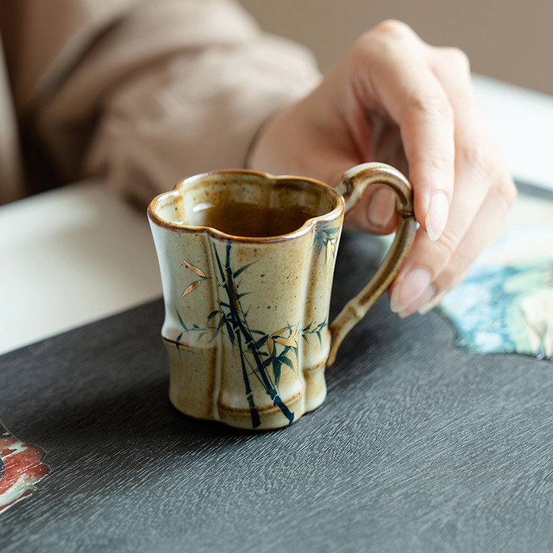 观策器隐彷古描金茶杯主人杯手绘青竹带把陶瓷品茗杯个人专用单杯,餐饮具,茶杯,淘宝优惠券,粉丝福利购,淘宝优惠卷