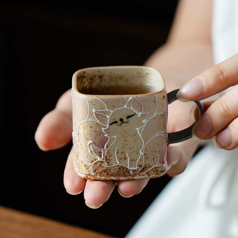 观策器隐创意陶瓷茶杯主人杯女士专用带把手纯手绘喝茶杯子品茗杯