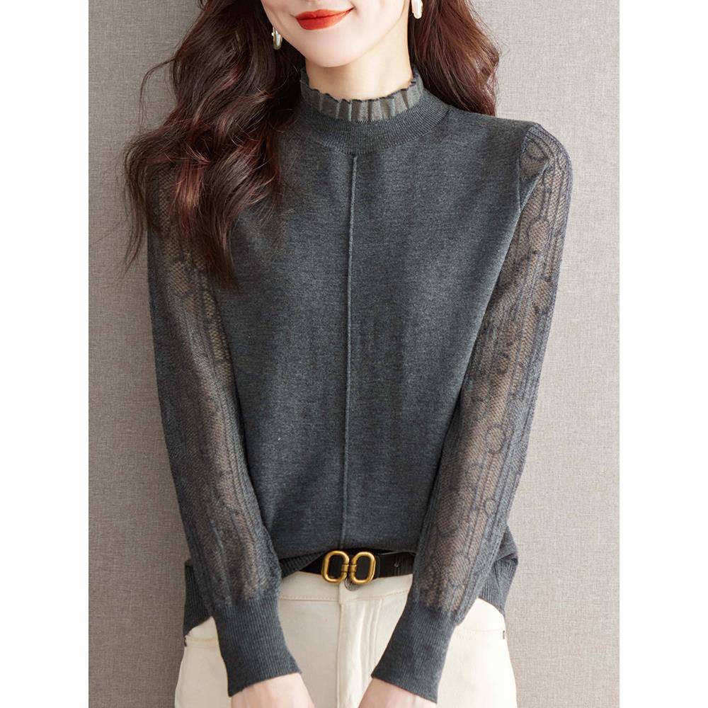 声雨竹秋季新款长袖羊毛衫上衣女装通勤圆领纯色木耳边针织打底衫