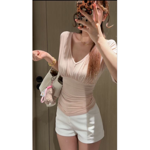 薄款云丝 韩系蝙蝠袖v领中袖t恤女夏季褶皱收腰辣妹半袖上衣26144