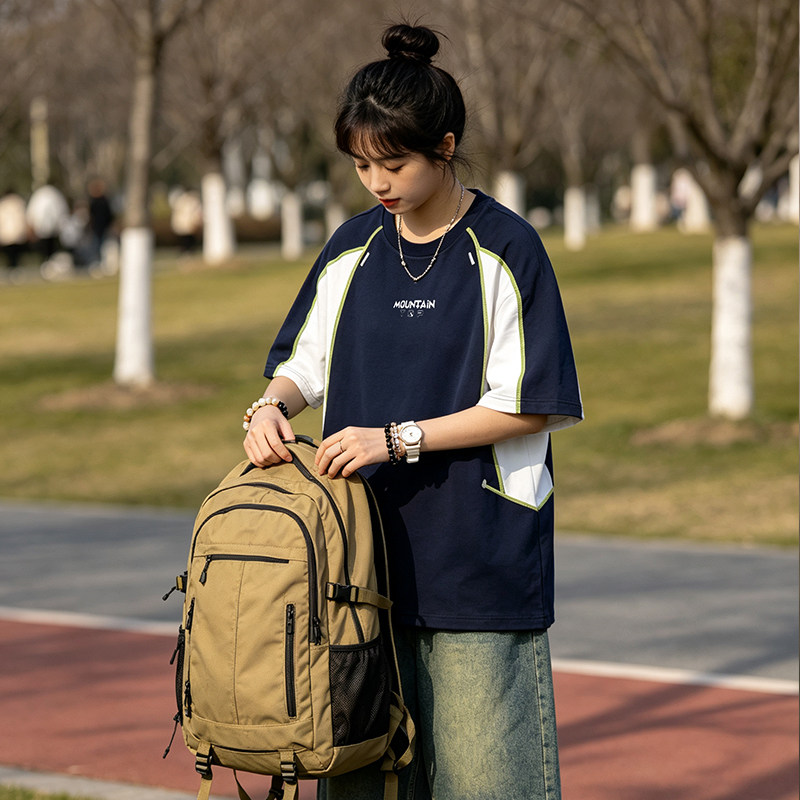 上阵户外山系撞色T恤拼接男女同款速干透气运动半袖羽毛球服上衣