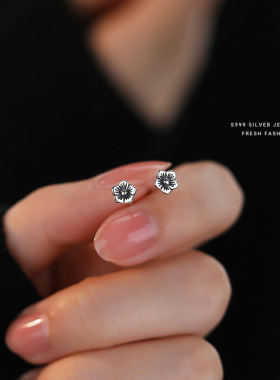 S999纯银蔷薇花耳钉女养耳洞睡觉不用摘耳环迷你小巧简约气质耳饰