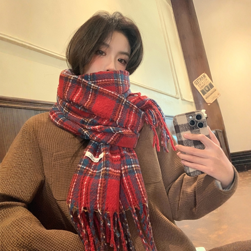圣诞生日礼物红色格子围巾女冬季韩系氛围感流苏披肩情侣护颈围脖