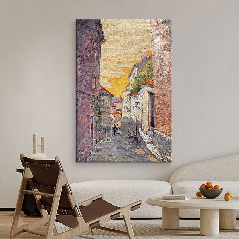 小镇晨曦纯手绘油画客厅抽象建筑风景装饰画玄关竖版丙烯肌理挂画
