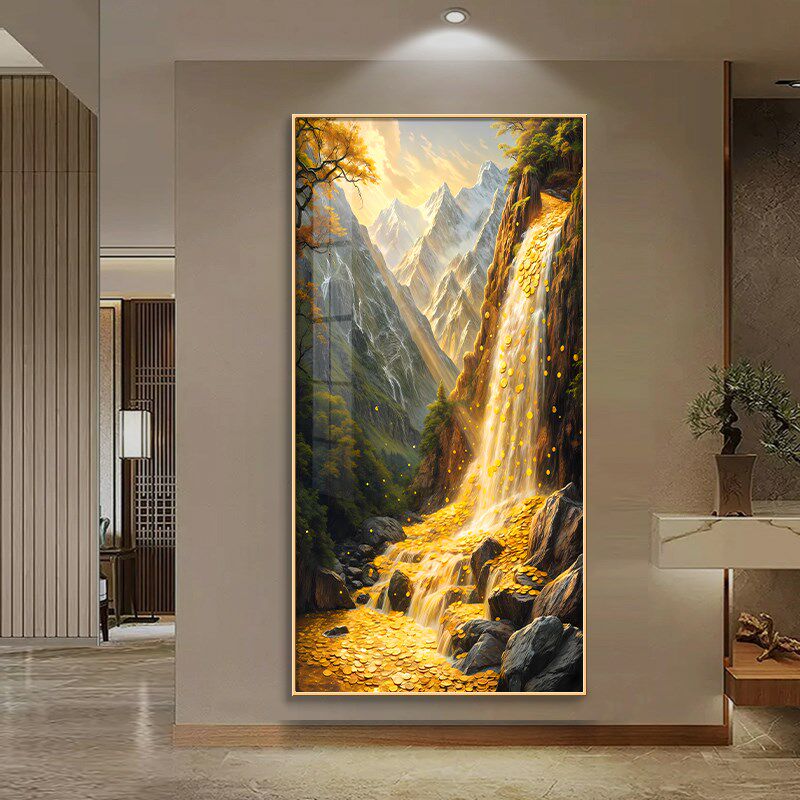高山流水生财玄关装饰画聚宝盆客厅走廊过道壁画竖版山水风景挂画