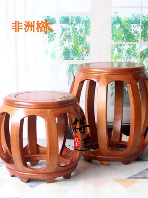 特价中式实木鼓凳家用客厅茶几旁红木凳子菠萝格印茄木雕花圆凳子