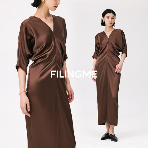 菲埃琳FILINGME 26夏装新款时尚设计感立体堆褶中袖醋酸连衣裙