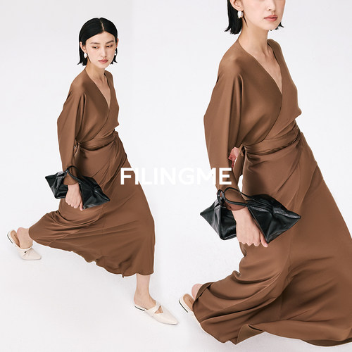 菲埃琳FILINGME 26秋季新款设计感连肩袖绑带长裙醋酸连衣裙