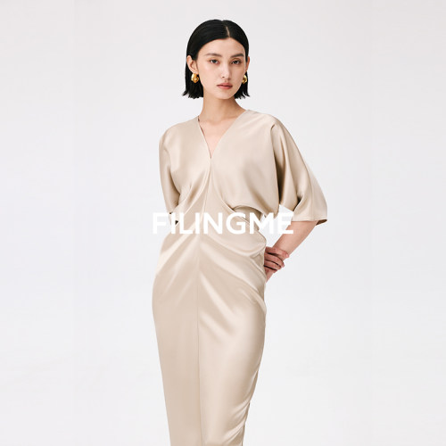 菲埃琳FILINGME 26夏装新款时尚设计感立体堆褶中袖醋酸连衣裙