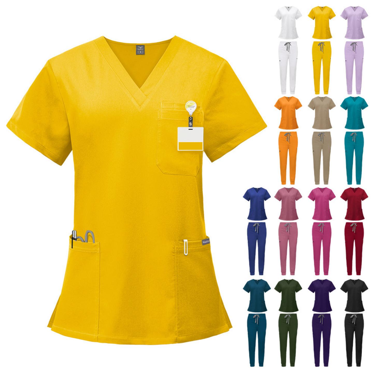 新品双层多功能口袋护士服手术服麻醉师工作服短袖长裤套装亚马逊