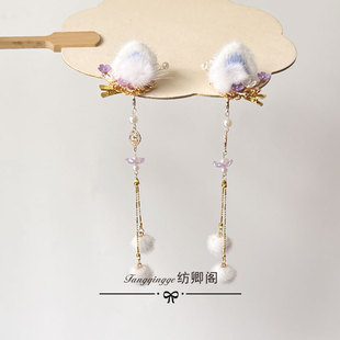 古风汉服可爱猫耳朵发夹日常搭配长流苏头饰毛绒古装儿童对夹发饰