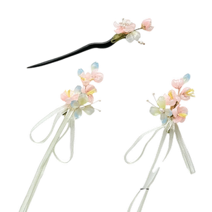 超仙甜妹对夹双马尾发夹古风长飘带仙女发饰 国风少女侧边夹头饰