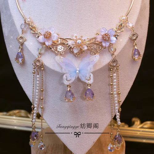原创【依蝶】保色铜锆石花朵珍珠项圈汉服古风古装项链女璎珞配饰