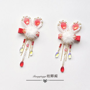 儿童汉服头饰冬季毛绒女童古装演出服发夹女宝花朵兔耳古风发饰