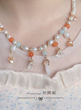 儿童古风饰品敦煌风橙色淡蓝色透明莲蓬吊坠流苏项链汉服璎珞额链