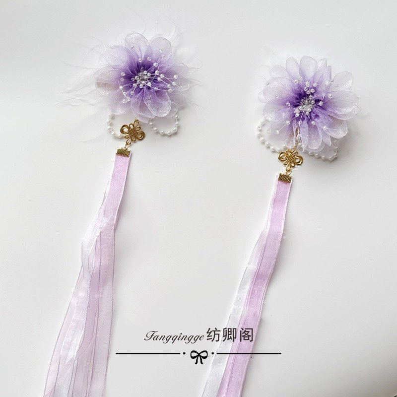 汉服儿童绢花羽毛头饰女童飘带后压流苏发夹配饰丝带超仙古装发饰
