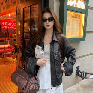 MSALUOLAR罗拉小姐 美式复古机车意大利进口羊皮夹克真皮衣外套女
