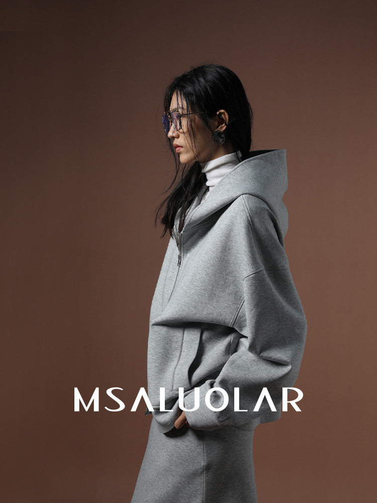 MSALUOLAR罗拉小姐 高端空气层太空棉连帽开衫卫衣半身长裙套装女