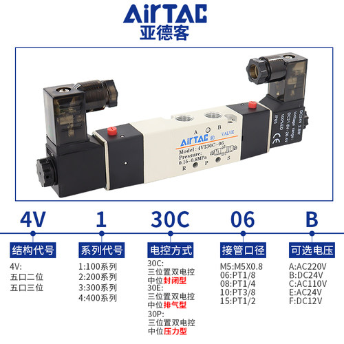 原装亚德客三位五通电磁阀220v换向气阀4V130C-06 4V130E-06 24v