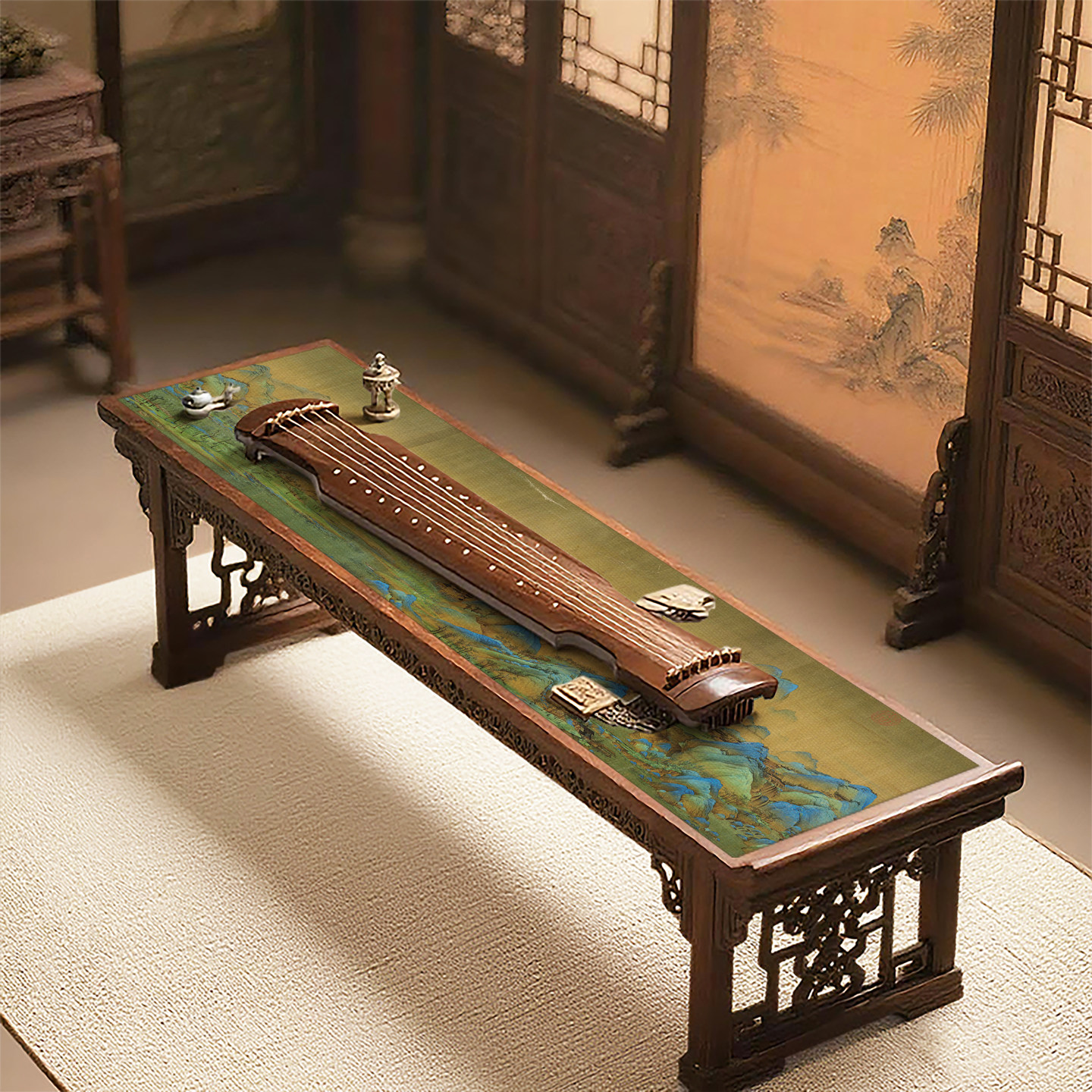 新中式琴桌桌布硅藻泥长条桌垫古琴桌旗古筝架防滑垫琴顶防尘盖垫