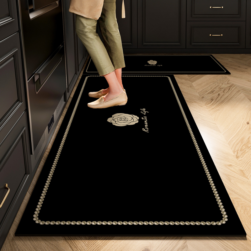 黑色高端厨房专用地垫法式长条硅藻泥脚垫硅胶吸水防滑垫防水地毯